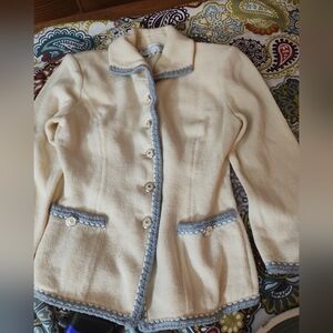 St. John Cream Knit Blazer with Light Blue Trim
